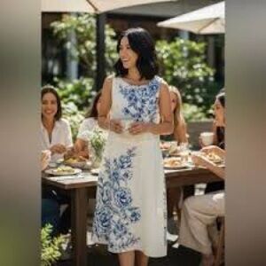 London Times White linen  Dress with Blue Floral Print new without tags